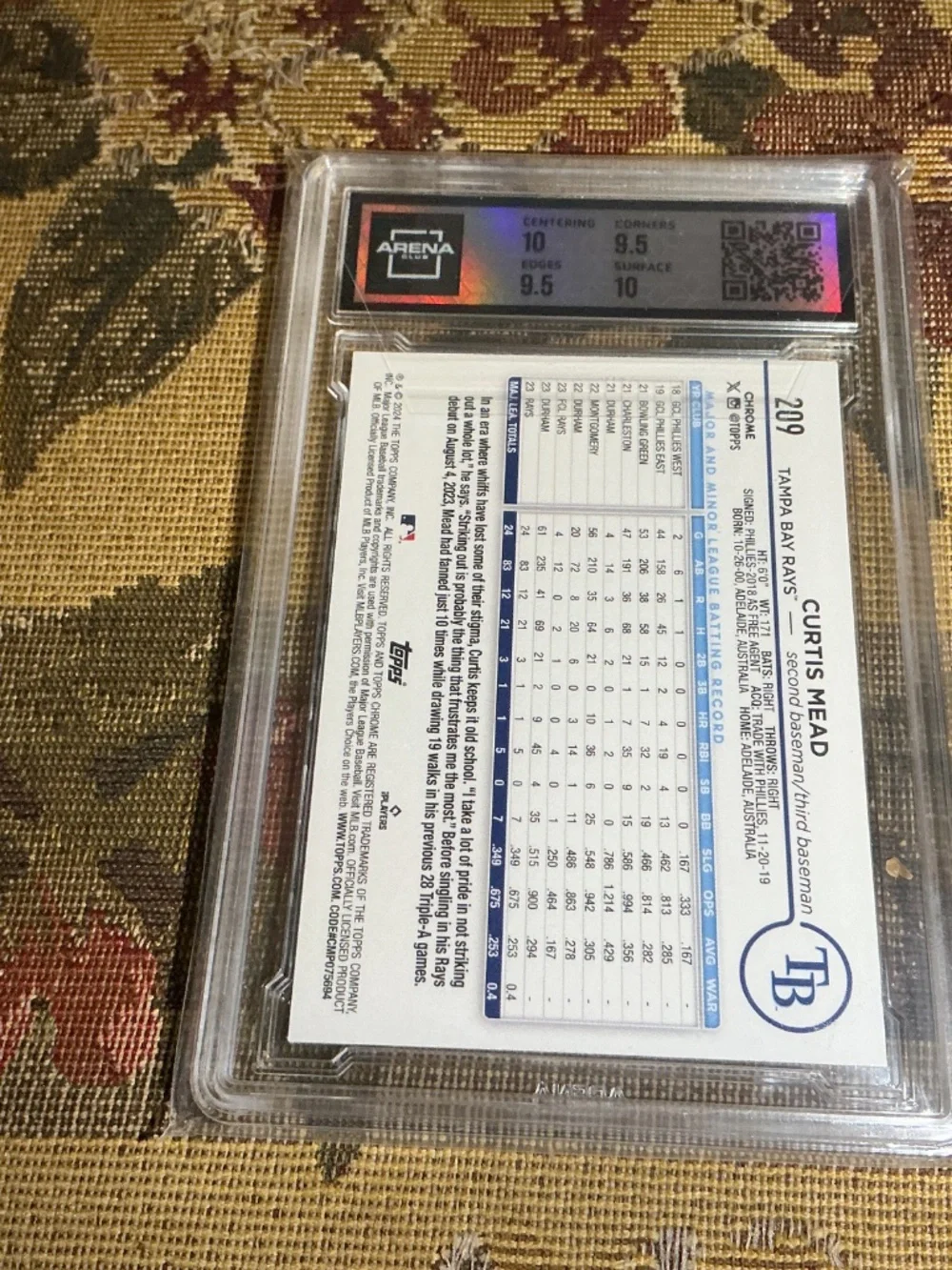 CURTIS MEAD 2024 Topps Chrome MLB Pink Refractor Rookie Card 209 Graded Arena 10